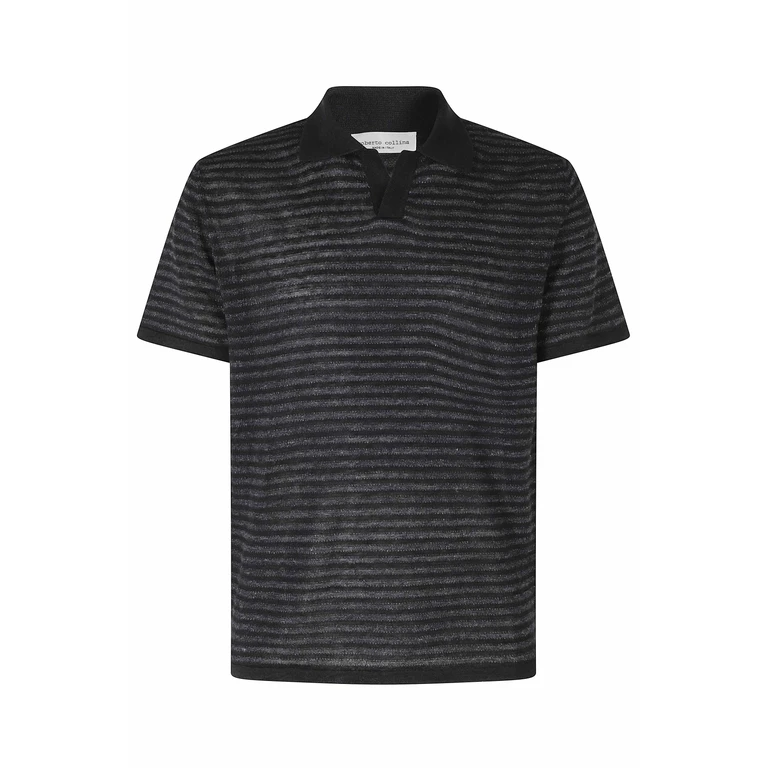 Roberto Collina Polo Mc Rigata Black Lino Cotone - Men