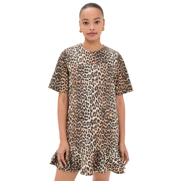 Vestido Curto GANNI em Algodão Elástico Estampado, cor Almond Milk