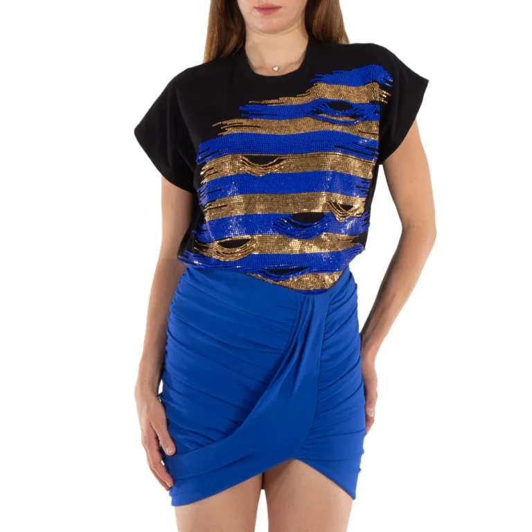 Balmain Ladies Striped Embroidered Cropped T-Shirt