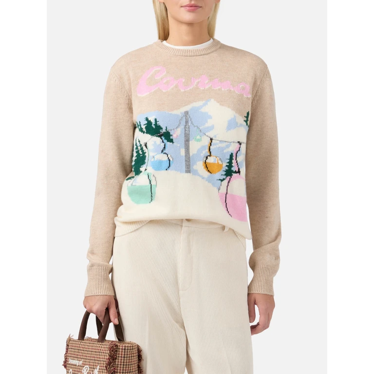 Mc2 Saint Barth New Queen Cashmere-Blend Sweater Beige With Courma Postcard Jacquard Brown - Women