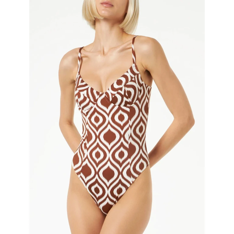 MC2 Saint Barth Brown And White Margaret One-piece Swimsuit With Ikat Print
