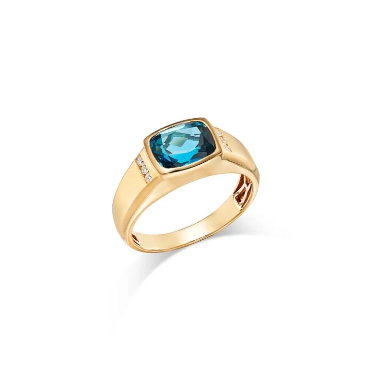 Men's London Blue Topaz & Diamond Ring in 14K Yellow Gold
