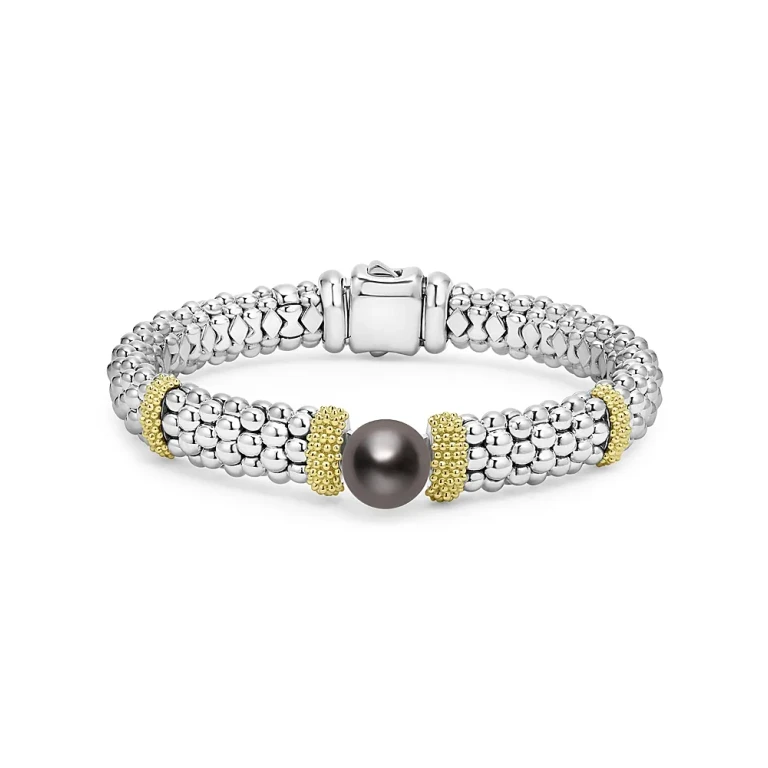 Lagos 18K Yellow Gold & Sterling Silver Luna Black Tahitian Pearl Caviar Bead Bracelet