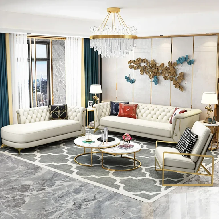 3 Piece Modern Living Room Set Chesterfield Sofa with Chaise and Chair in Off-White