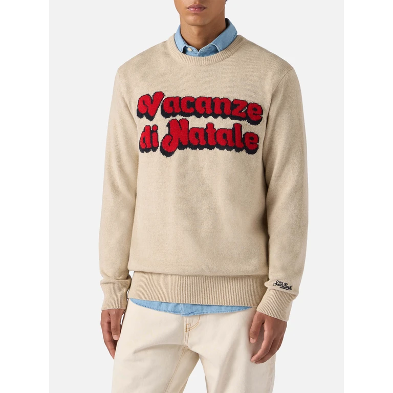 Mc2 Saint Barth Beige Crewneck Heron With Vacanze Di Natale Jacquard Special Edition Brown - Men