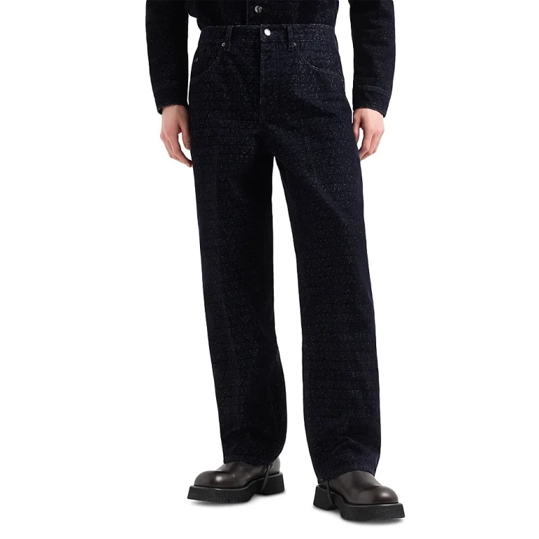 Emporio Armani Loose Fit Flocked Logo Jeans in Navy Blue