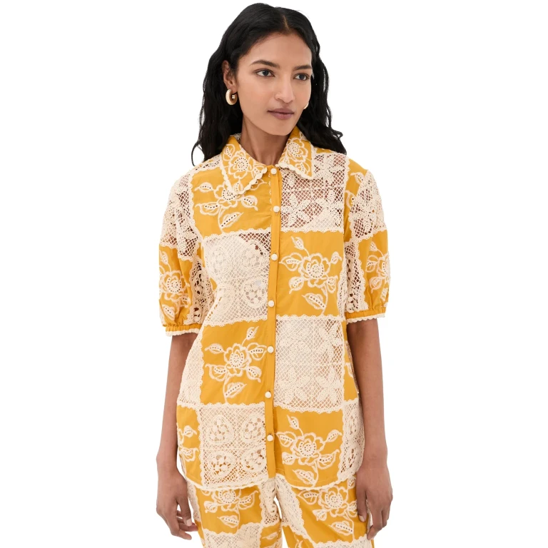 FARM Rio Lace Short Sleeve Shirt Off-White S