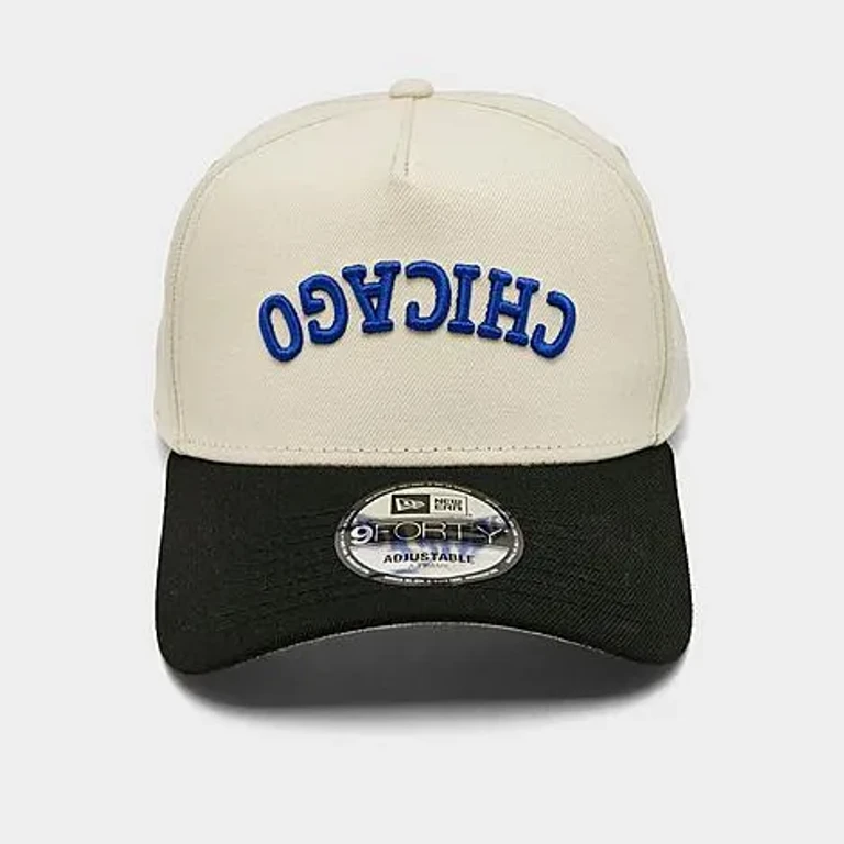 New Era Chicago Cubs MLB Upside Down Wordmark 9FORTY A-Frame Snapback Hat in Chrome/Black/Blue