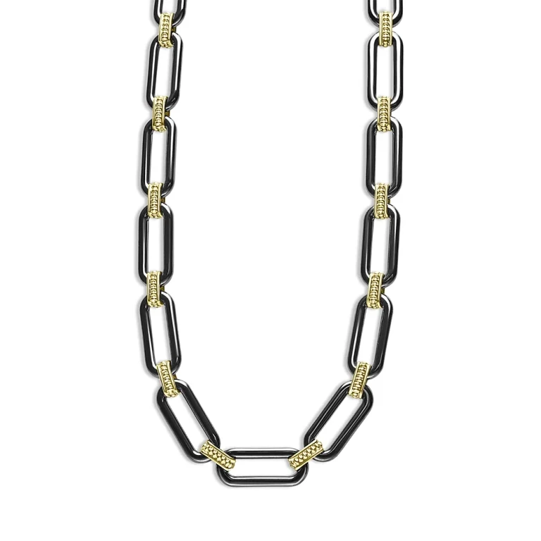 Lagos 18K Yellow Gold Signature Caviar Black Ceramic Link Necklace, 18