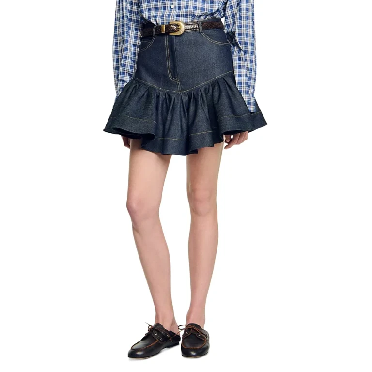 Sandro Ruffled Mini Denim Skirt