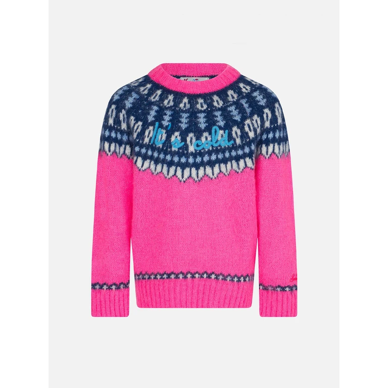 Mc2 Saint Barth Girl Brushed Crewneck Sweater With Nordic Jacquard Pink