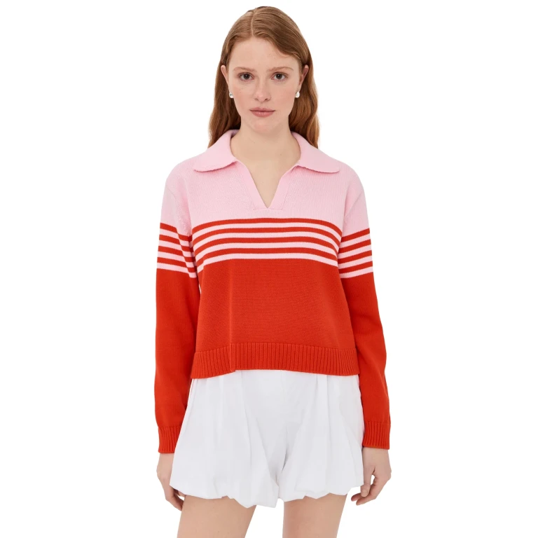 SIMKHAI Jules Knit Polo Sweater Lobster Stripe L