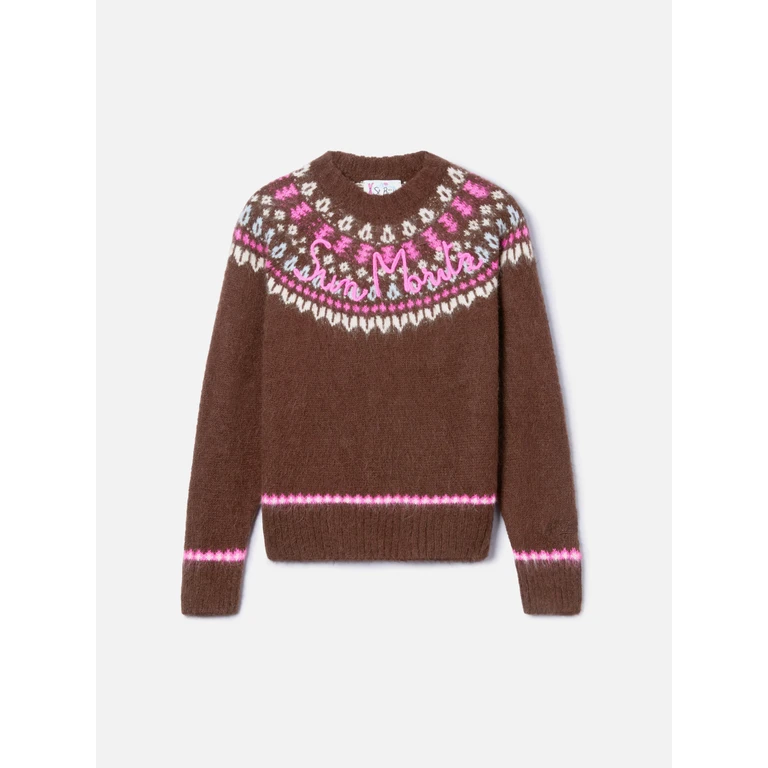 MC2 Saint Barth Brown Sweater Queen Nordic Soft With Fair Isle Jacquard And Sun Moritz Embroidery