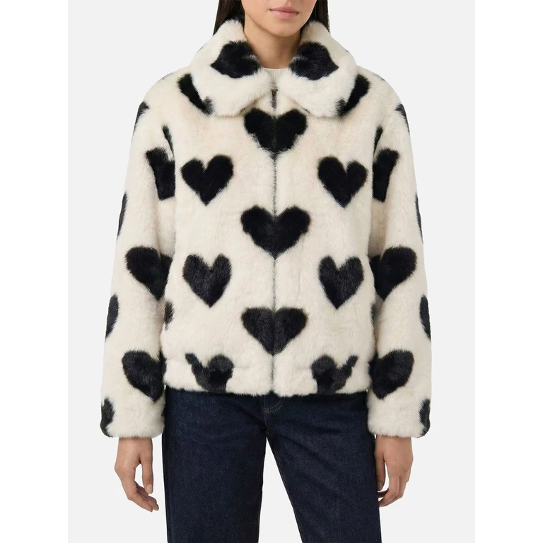 Mc2 Saint Barth Aveline Faux Fur Jacket With Heart Print White Coat - Women