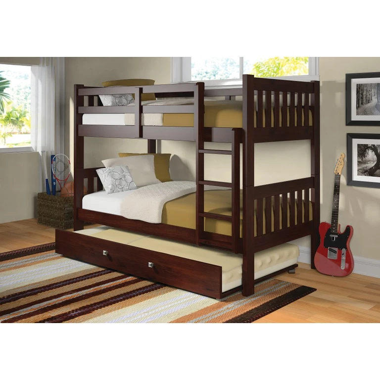 Classic Brown Twin Bunk Bed with Trundle - Mission