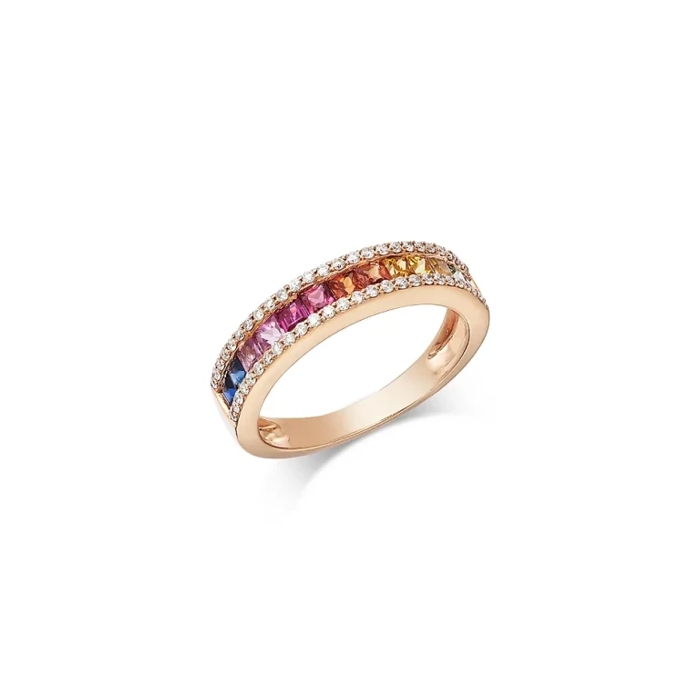 Rainbow Sapphire & Diamond Band in 14K Rose Gold