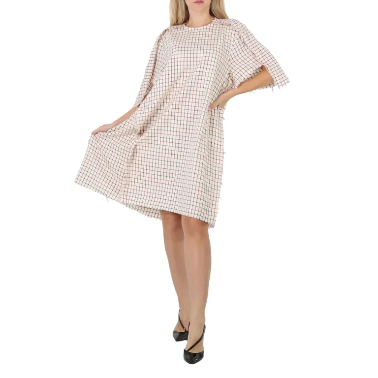 Maison Margiela Ladies Ecru All-Over Checkered Shirt Dress