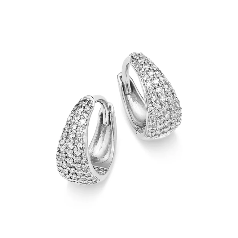 Diamond Pave Tapered Huggie Hoop Earrings in 14K White Gold, 0.25 tcw