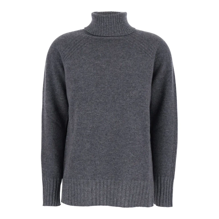 TwinSet Grey Turtleneck Sweater With Ribbed Details In Wool Woman