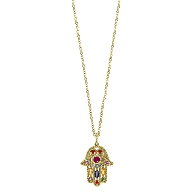 Rainbow Gemstone & Diamond Hamsa Pendant Necklace in 14K Yellow Gold, 18