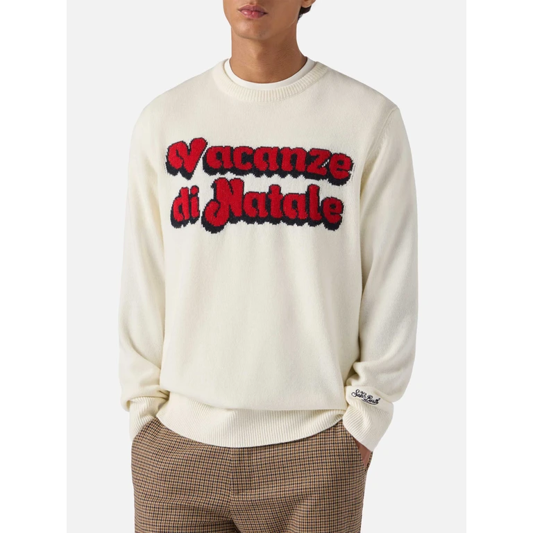 Mc2 Saint Barth Heron Crewneck White With Vacanze Di Natale Jacquard Special Edition - Men