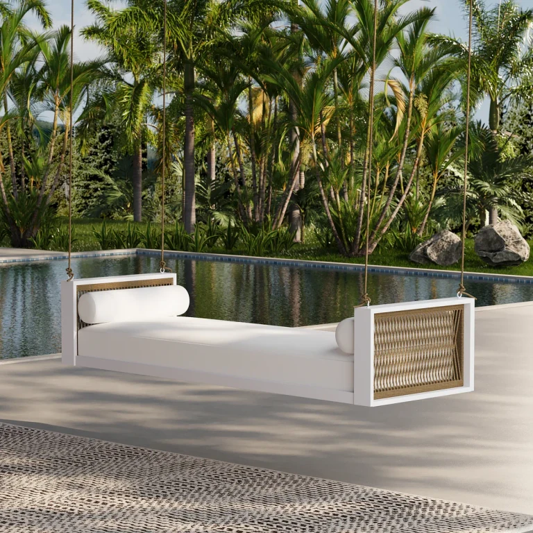 Patio Woven Rope Hanging Daybed Exterior Porch Swing Chair Sofa in Gray Cushion & Pillow Included