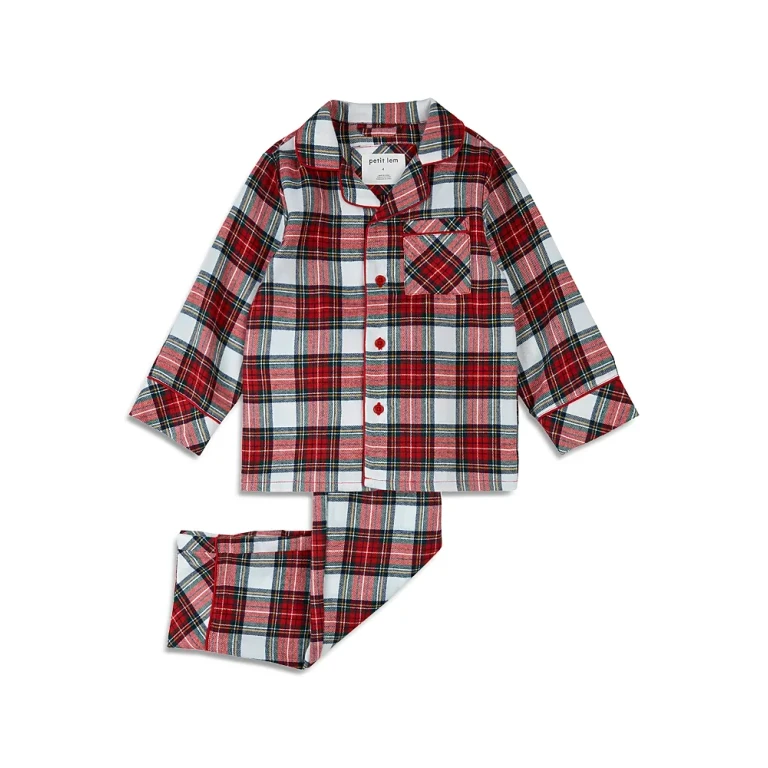 petit lem Unisex Tartan Plaid Flannel Button Down Top & Pants Pajama Set - Little Kid, Big Kid