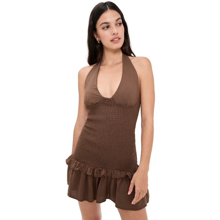 Seven Wonders Fleur Shirred Halter Mini Dress Lemon White Polka S