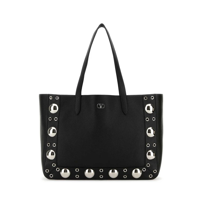 Valentino Garavani Black Leather Vlogo Signature Shopping Bag