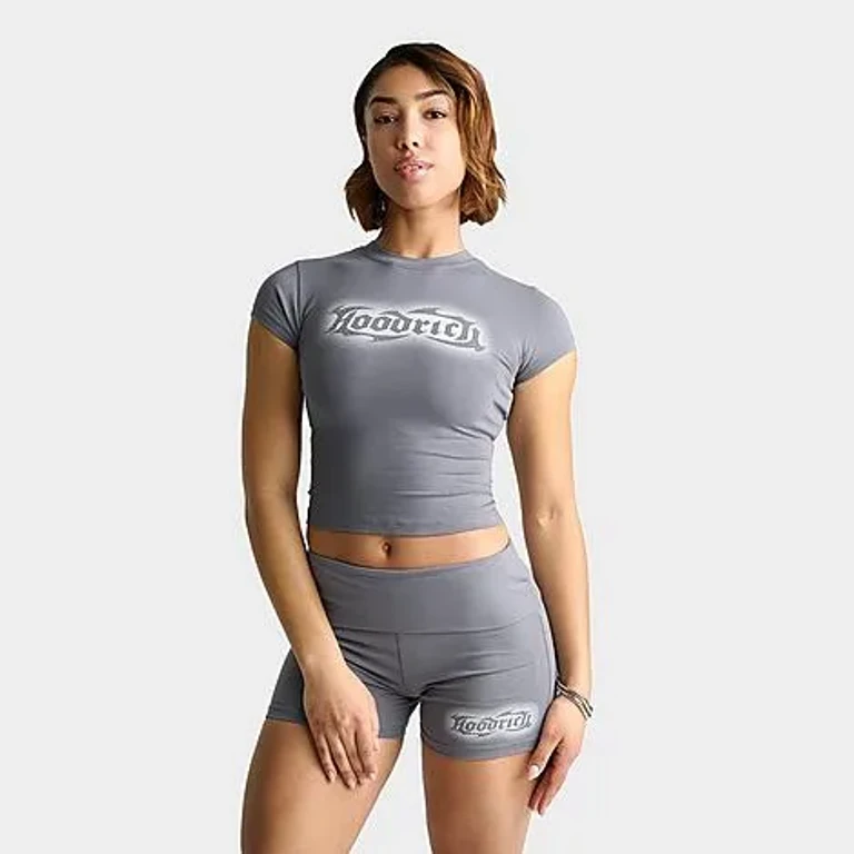 Hoodrich Women's Luz Rhinestone Cap-Sleeve Fitted T-Shirt in Quiet Shade Size: XS