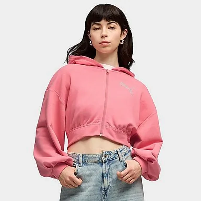Women's Puma Essentials Graphics Bedazzled Cropped Full-Zip Hoodie in Wild Pink Size: XS
