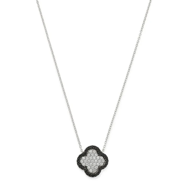 Black & White Diamond Clover Pendant Necklace in 14K White Gold