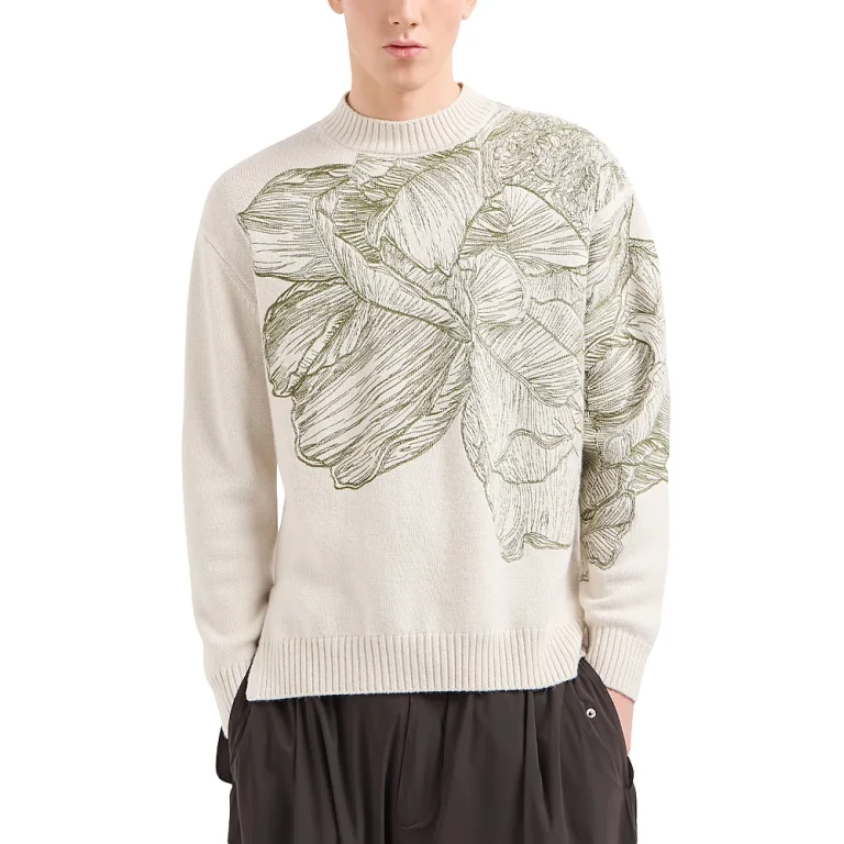Emporio Armani Plain Knit Embroidered Leaf Pullover Crewneck Sweater
