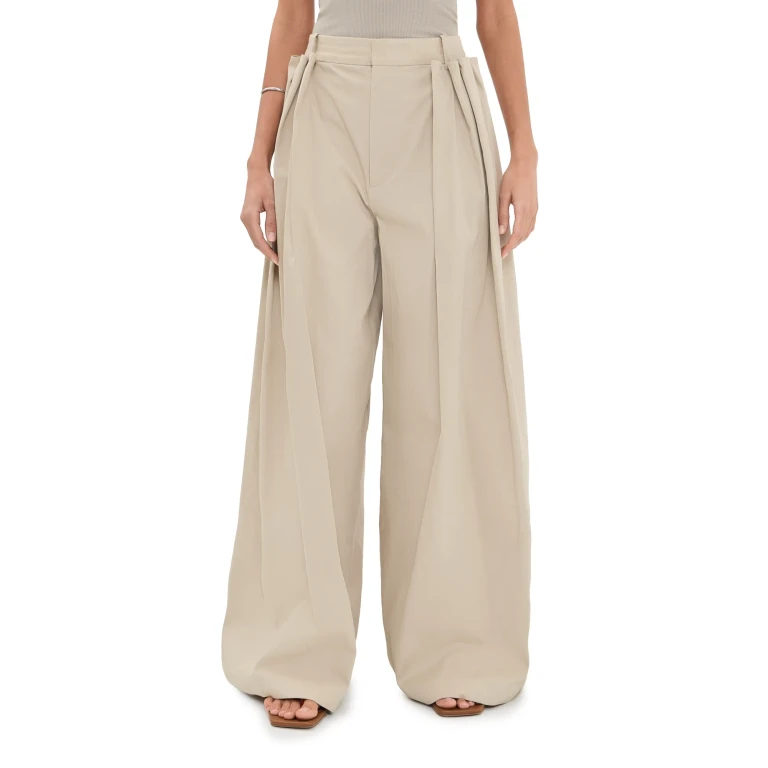 Tibi Luxe Twill Tucked Pleated Trousers Taupe 10