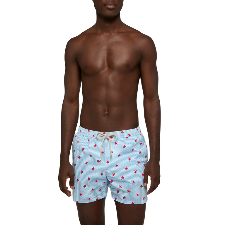 Mc2 Saint Barth Comfort Light Swim Shorts With Starfish Print Blue Swimshort - Men