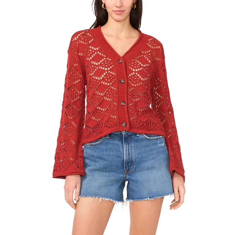 Vince Camuto Pointelle V Neck Long Sleeve Cardigan