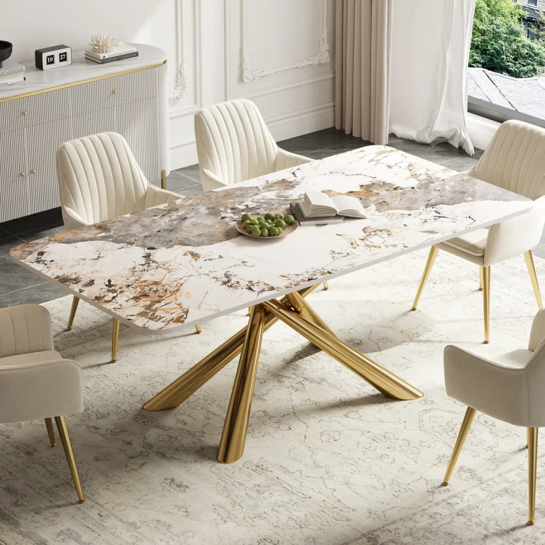 63" Modern SinteredÂ Stone Top Rectangle Dining Table in Pandora & Gold with Trestle