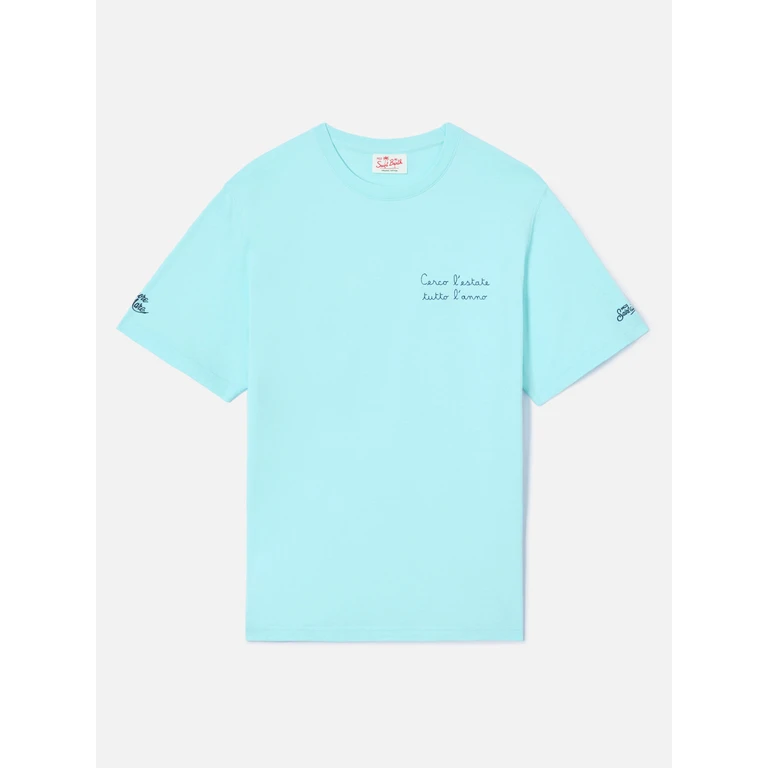 Mc2 Saint Barth Aqua Green Portofino T-Shirt With Cerco Lestate Tutto Lanno Embroidery - Men