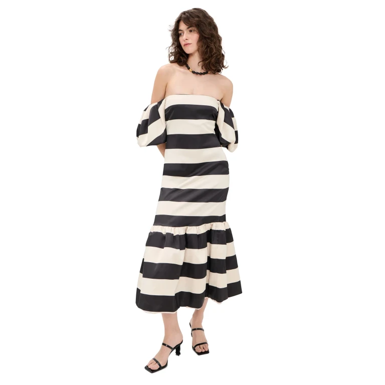 CAROLINE CONSTAS Angela Gown Black Ivory Stripe L