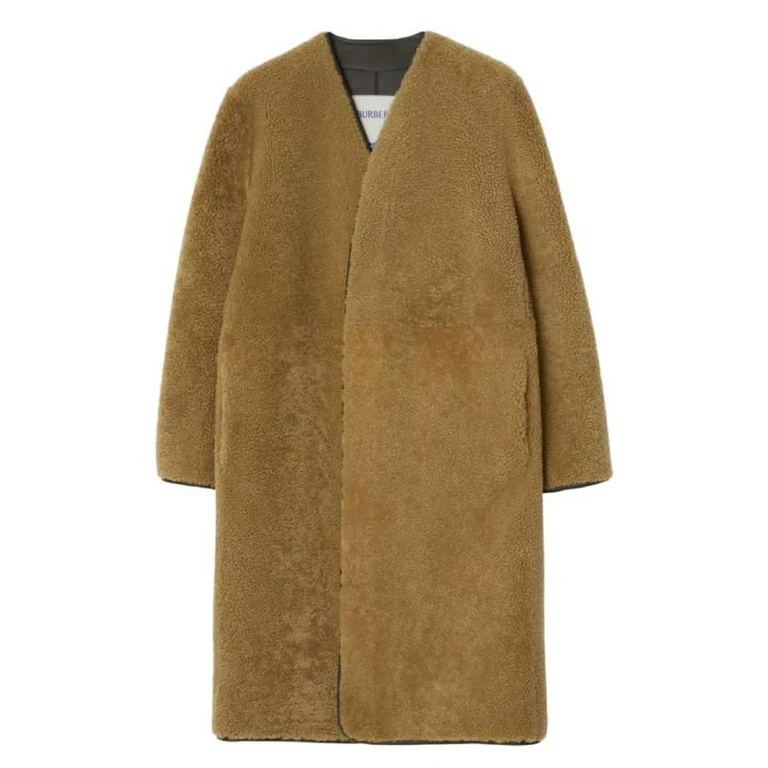 Womens Moss Collarless Shearling Maxi Coat