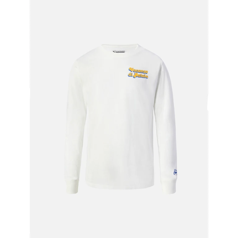 Mc2 Saint Barth Luton Long-Sleeve Winter Cotton T-Shirt White With Vacanze Di Natale Print Special Edition