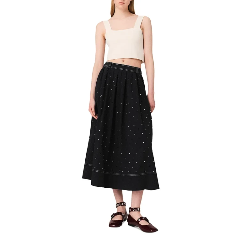 Maje Long Studded Cotton Skirt