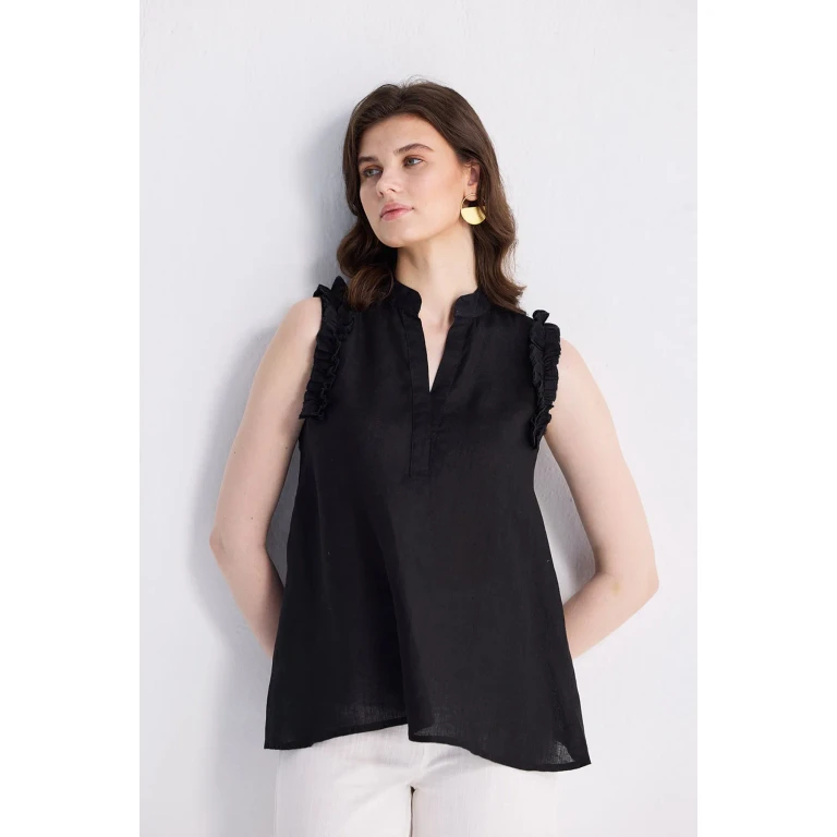 Sleeveless Hemp Top with Ruffles in Black