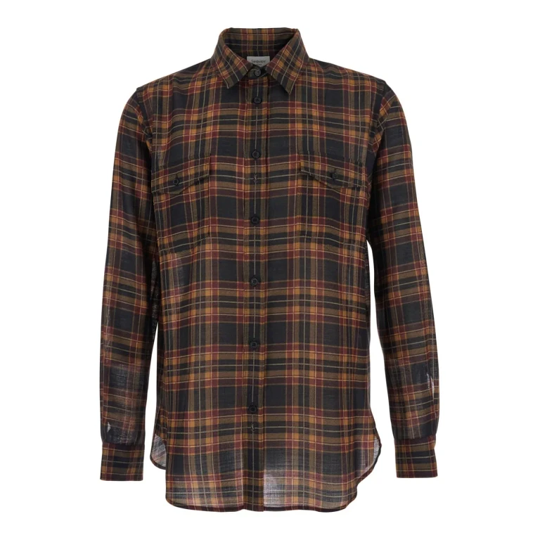 Saint Laurent Brown Shirt With Pointed Collar And All-over Tartan Motif In Wool Man
