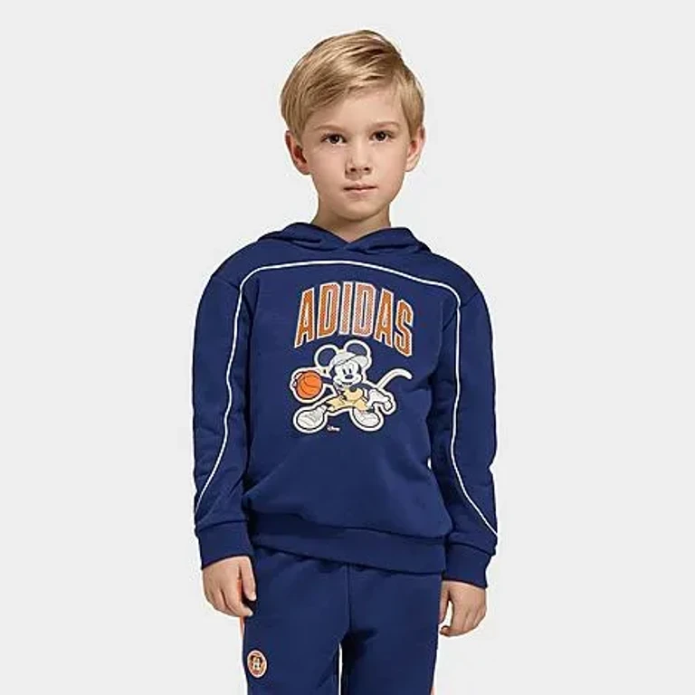 adidas Kids Toddler and Little Kids x Disney Mickey Mouse Pullover Hoodie in Dark Blue/Pure Orange/Off White Size: XXS