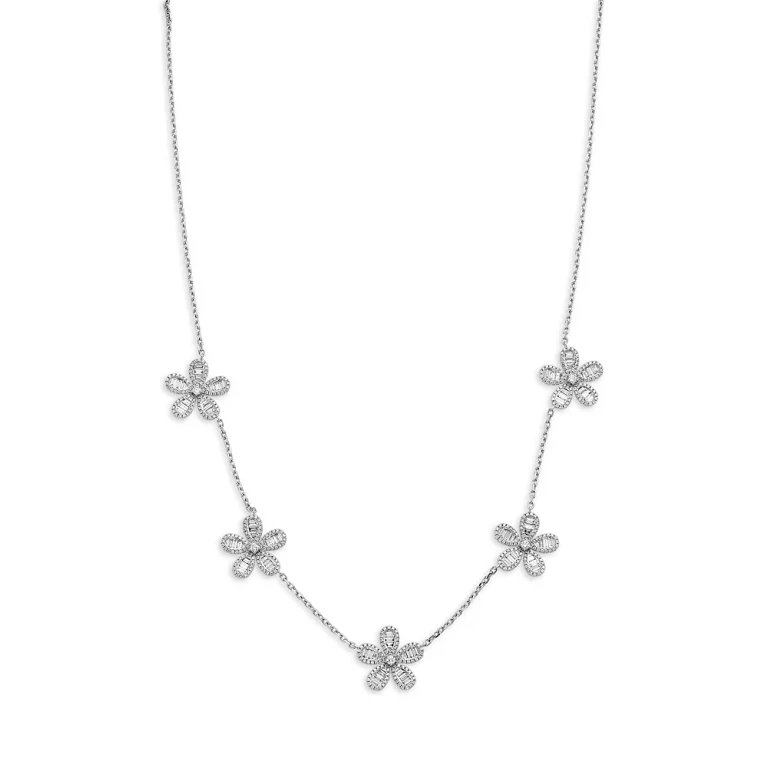 Diamond Round & Baguette Daisy Station Collar Necklace in 14K White Gold, 3.1 tcw
