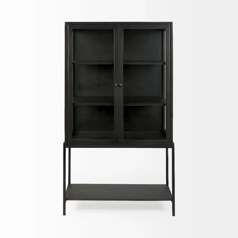 Arelius Black Wood with Metal Base Display Cabinet