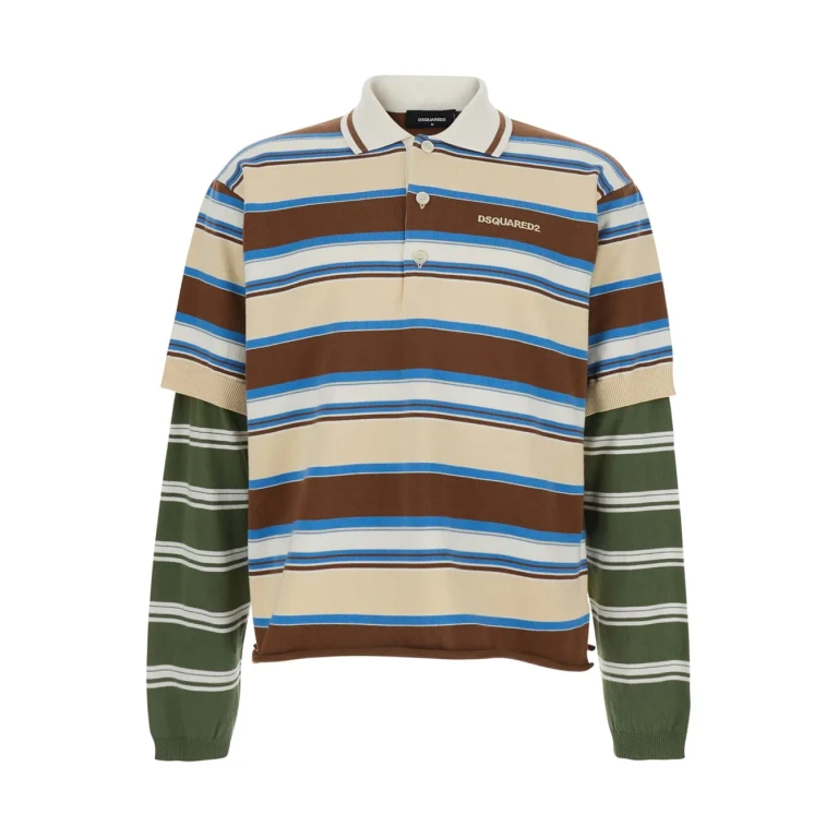 Dsquared2 Multicolor Polo Shirt With Logo Lettering On The Front And All-over Striped Print In Cotton For Men