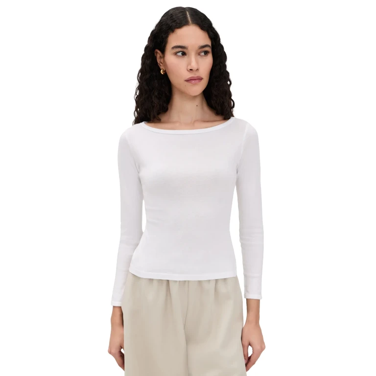 Enza Costa Fine Cotton Boat Neck Long Sleeve Top White L