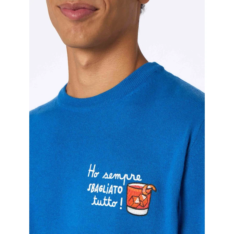 Mc2 Saint Barth Crewneck Sweater Heron With Ho Sempre Sbagliato Tutto Embroidery Blue - Men